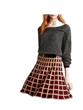 ANTHROPOLOGIE Windowpane Skater Skirt by Moth Sweater Knit Brown Tan L